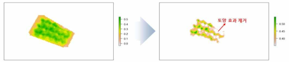 토양 및 식생 비피복지역이 제거된 식생 지수 지도 생성 예시