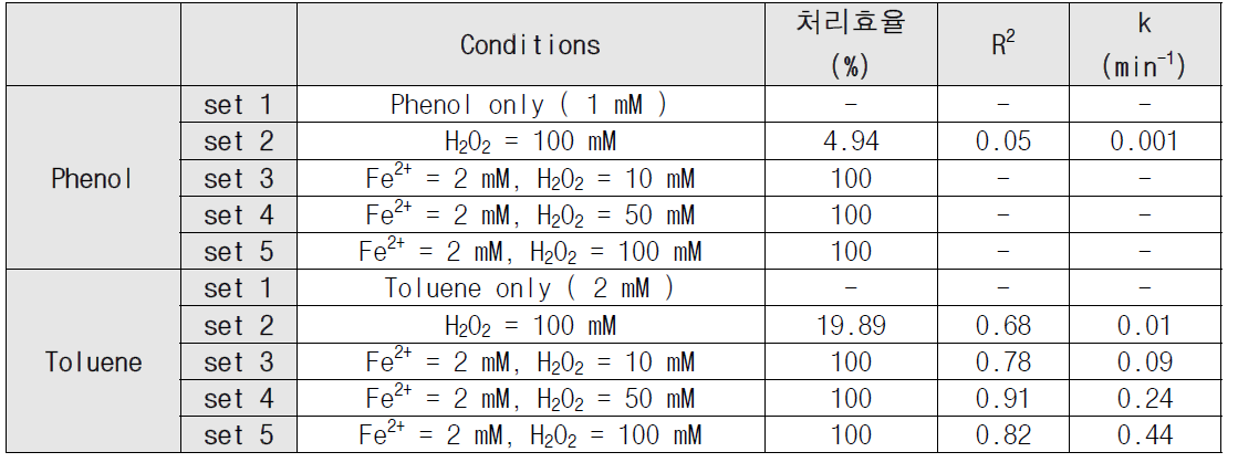 용해된 오염물질을 사용한 경우의 처리효율