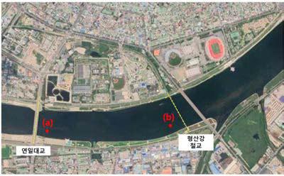 포항 형산강 퇴적토 시료 채취 지점지점별 좌표(위도, 경도) a: 36.001445, 129.345552; b: 36.001843, 129.359255