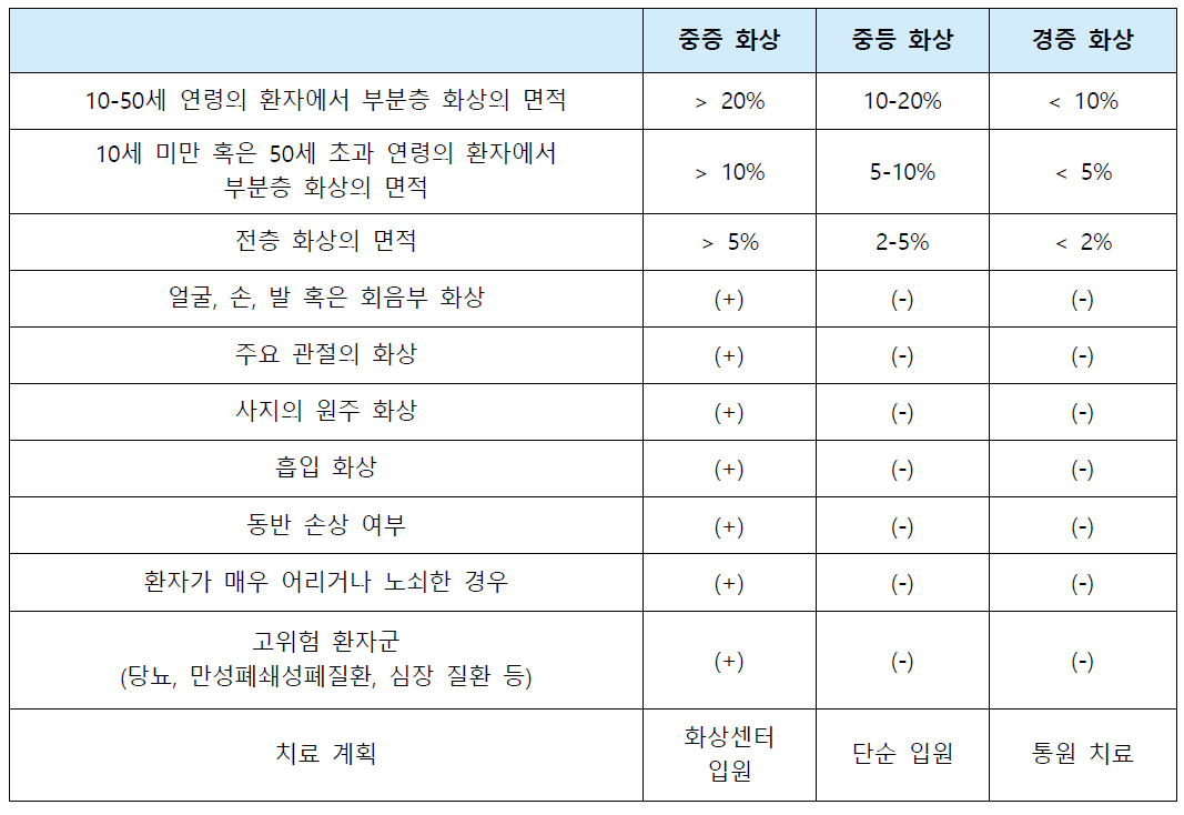 5가지 기준에 의한 화상의 중증도 분류와 중증도에 따른 치료계획