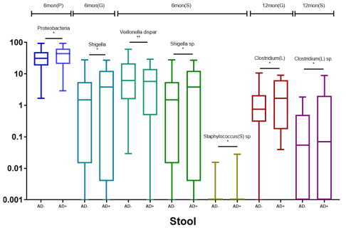 12개월 아토피피부염 발생에 따른 대변 microbiome 분포 차이 (Abbreviations. AD, atopic dermatitis; P, phylum; G, genus; S, species)