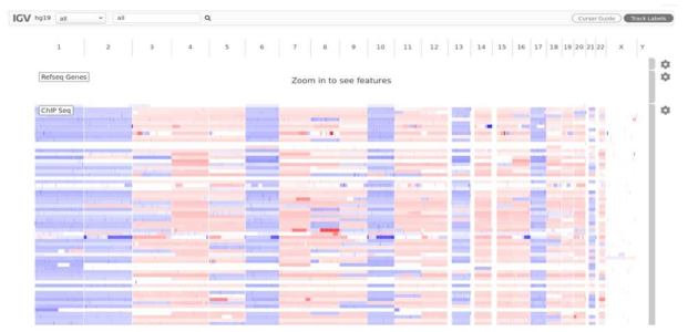 전장 유전체에 대한 샘플 별 Histone modification 수준 (ChIP Seq 데이터) 시각화 정보 예시 (Explore selected studies)