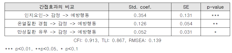 건강예방행동에 대한 간접효과의 비교