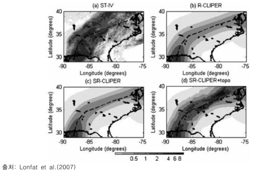 레이더 강수관측(ST-IV), R-CLIPER, 바람시어를 고려한 모형(SR-CLIPER), 바람시어와 지형효과를 고려한 모형(SR-CLIPER+topo)의 강수량 분포 비교