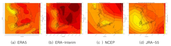 각 재분석자료 지상 온도 공간 패턴