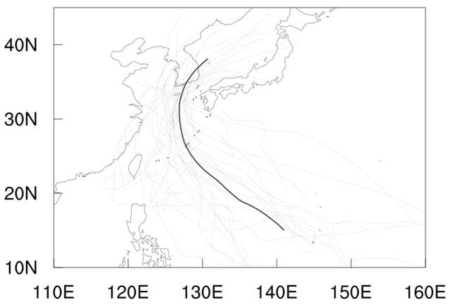 1998~2017년간 한반도 영향 태풍 진로
