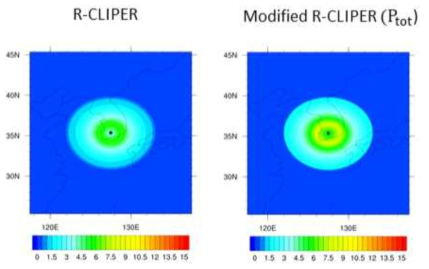 기존 R-CLIPER 모형(좌)과 실제 내린 총 강수량을 반영하여 개선한 Modified R-CLIPER 모형(우)의 2002년 8월 31일 12시 태풍 루사 강수량 재현값