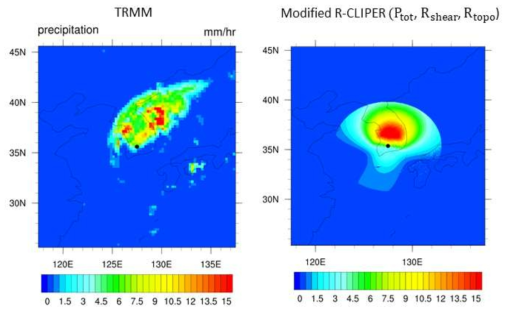 2002년 8월 31일 12시 태풍 루사의 강수량 관측값(왼쪽)과 R-CLIPER에 연직바람시어와 산악효과를 추가한 강수량 재현값(오른쪽)