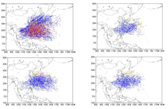 관측(좌상단), KACE-1-0-G(우상단), MRI-ESM2-0(좌하단), UKESM(우하단)에서 나타나는 태풍 진로