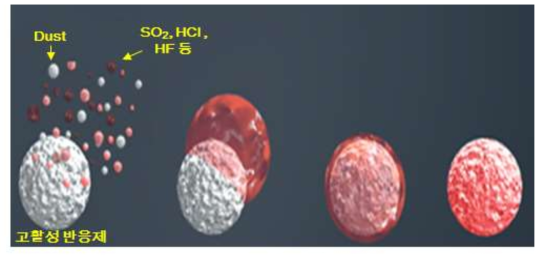 Ca(OH)2와 산성가스(SO2, HCl, HF 등)의 흡착 모습