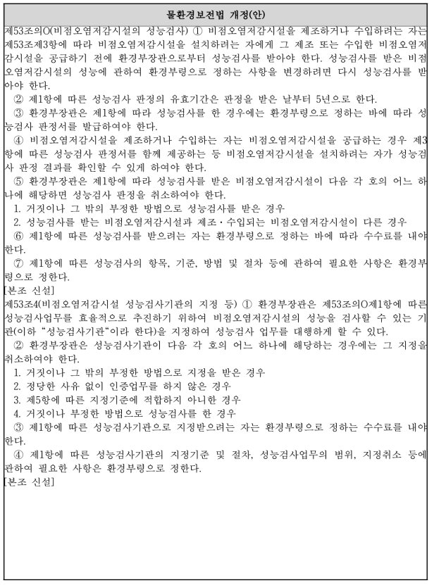 성능검사제도 도입을 위한 법률 개정(안)