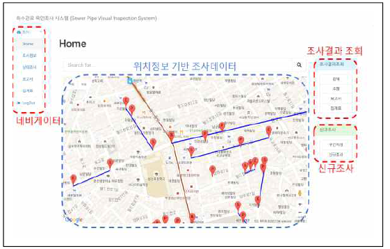 조사위치 등록 및 기존 조사결과 조회화면(메인화면)