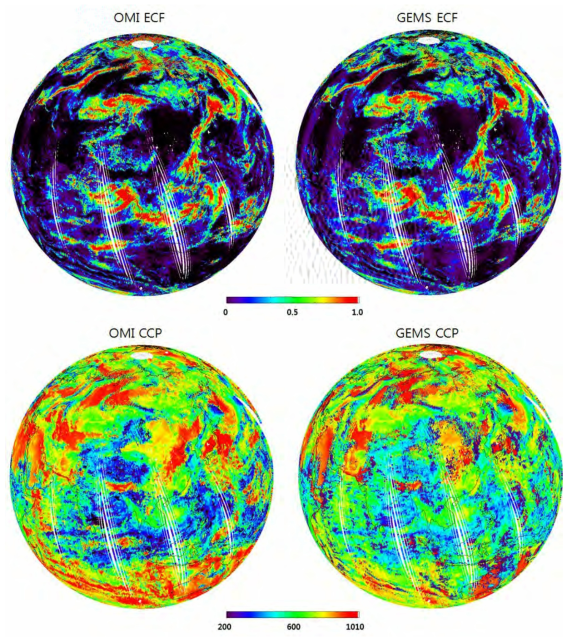 Cloud products from OMI level2 (OMCLDO2 v003) data in the left column OMI ECF (effective cloud fraction; top panel) and OMI CCP (cloud centroid pressure; bottom) and GEMS cloud retrieval algorithm (right column) containing bright surface (surface reflectance over 0.2)