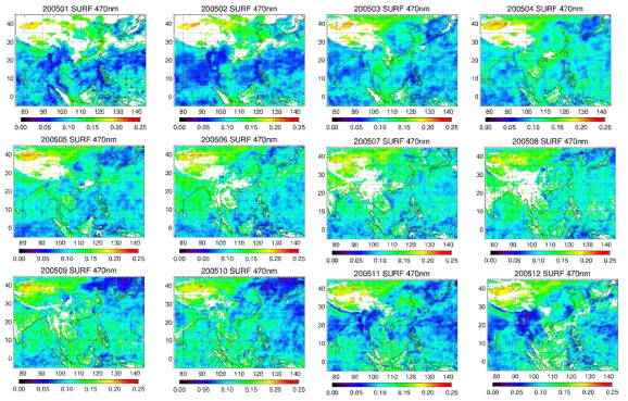 During 2005, using OMI L1b data Example of calculation result of surface reflectance (monthly average reflectance)