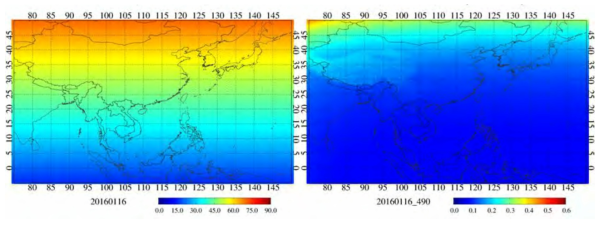 An example of the result of calculating the reference solar zenith angle and the reference reflectivity (wavelength=490 nm) for setting the weight function for each pixel for the observation area of GEMS