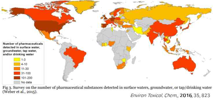 잔류성 유해 화합물 중 의약품은 전 세계 검출 현황