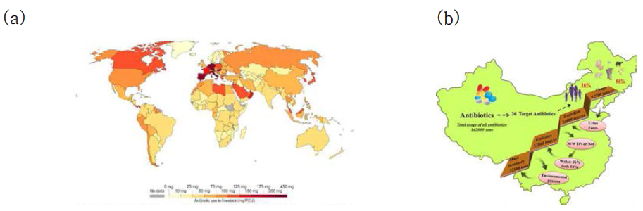 (a) 전 세계에서 사용하는 항생제 오염 실태. [2] (b) 중국에서 사용되는 항생제 의 배출량과 미치는 영향