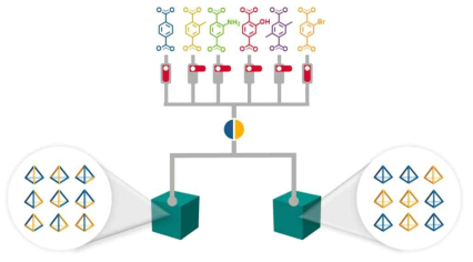 Mixed linker와 Mixed cage의 두 가지 전략을 활용한 Multivariate MOP의 모식도