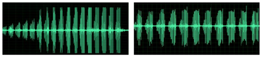실제 환경에서 수집한 옴개구리 녹음데이터와 연구용 데이터베이스 음향데이터, (좌) 옴개구리가 서식하는 장소에서 녹음한 음원 파일, (우) 연구에 활용하기 위해 추출한 옴개구리의 소리 음원 파일