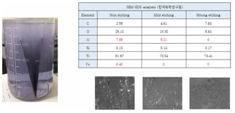 Ti 기재의 etching 모습 (좌) 온도에 따른 표면 관찰 모습 (우 하단)