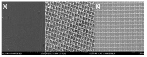 SEM images: (a) Nafion 212, (b) Nylon substrate, (c) Ionomer-Nylon