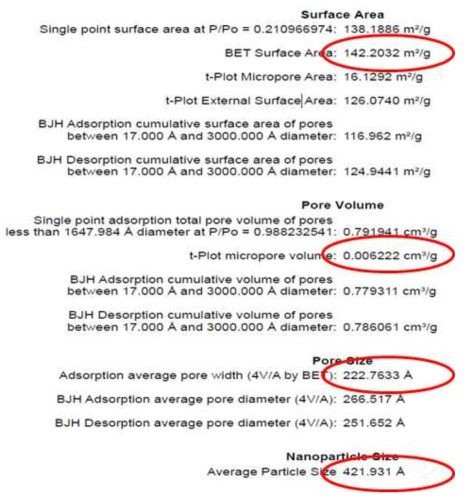 유기물 개질 전 나노물질의 BET 분석 결과