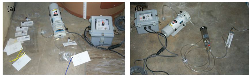 (a) 1L 테들러백을 이용한 가스 시료 채취 광경, (b) Scintillation cell을 이용한 가스 시료 채취 광경