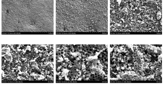 재생전 활성탄 표면 SEM 사진 (좌상으로부터 50, 100, 500, 1000, 1,500, 2,000배)