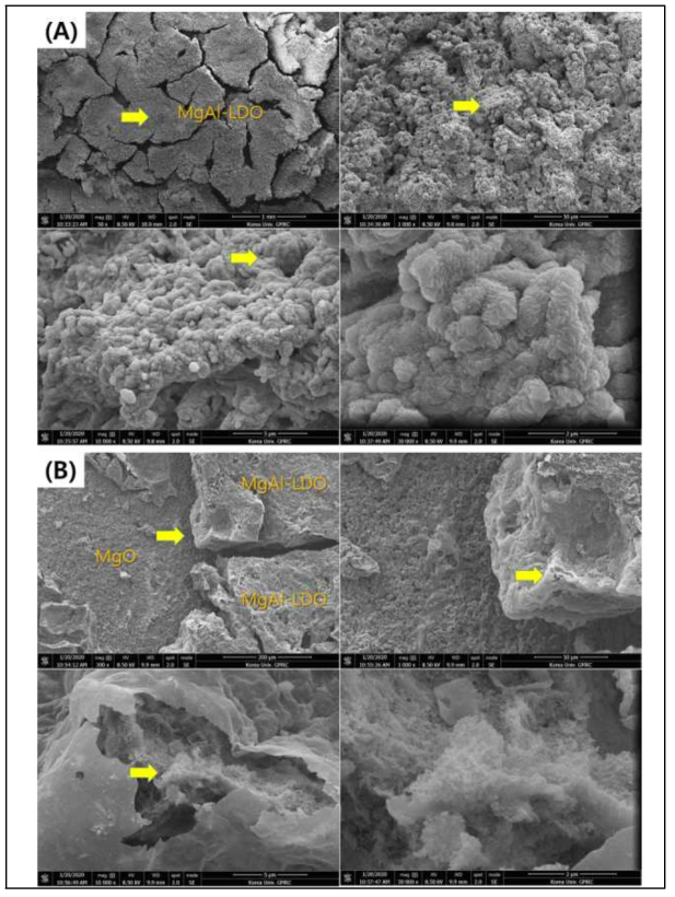 MgAl-LDO/MgO필터의 As(V) 흡착 전(A)·후(B) SEM 이미지