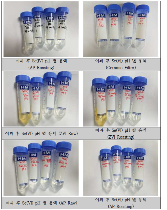 Se 제거 6hr, pH별 반응 실험 사진