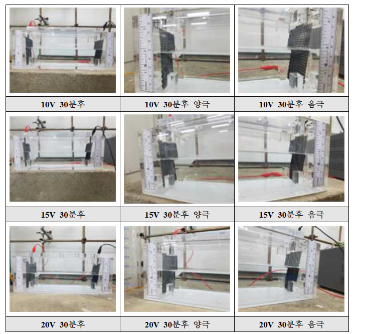 전기분리실험 사진 (전압세기 변화, 20cm 반응조)