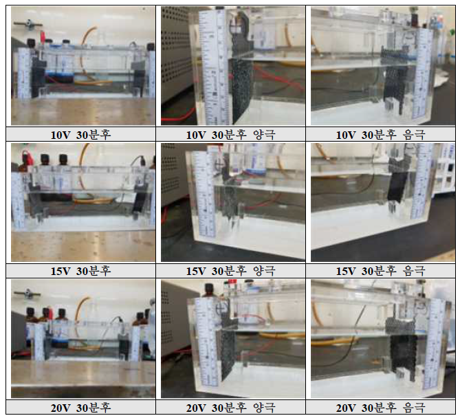 전기분리실험 사진 (산처리 유무, 20cm 반응조)
