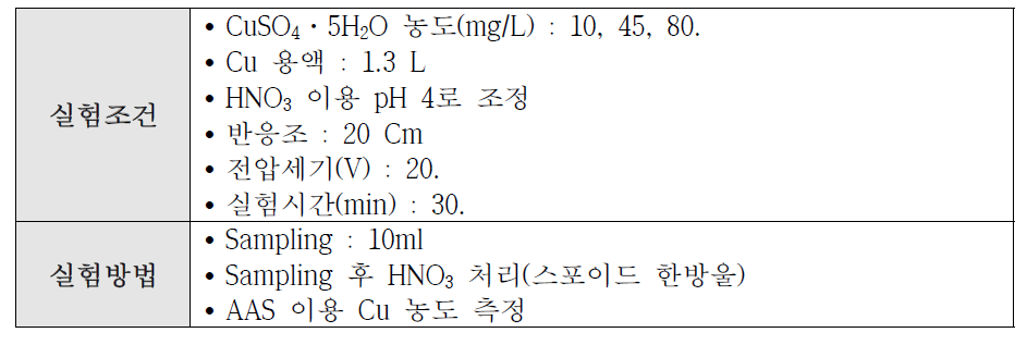 전기분리실험 조건 (Cu 농도별, 20cm 반응조)