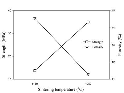 소결온도에 따른 지지체의 강도와 기공률