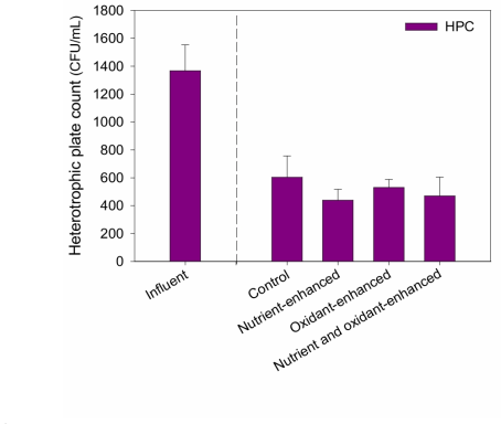 Behavior of heterotrophic plate count of column influent and effluent (n=3) (p < 0.05)