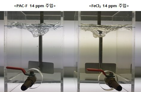PAC-F와 FeCl3 주입 시 색도 변화
