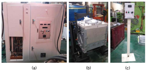 재생재 주조성 시험용 용해설비: (a) 동력공급장치, (b) 용해로체, (c) 리모트 제어반
