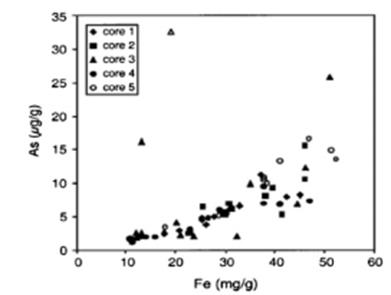 Correlation between arsenic and iron in sediment core layers in Hanoi