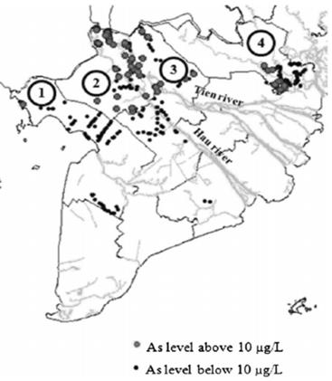 Arsenic in groundwater of the Mekong River Delta (1) Kien Giang, (2) An Giang, (3) Dong Thap, and (4) LongAn(Hoang et al. 2010)