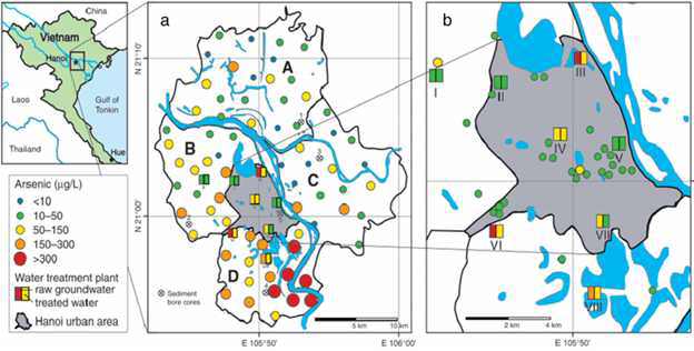 Arsenic contamination in Hanoi. a In groundwaters pumped from private tubewells. b In groundwater of the lower aquifer and treated water treatment plants (split rectangles) and tap water of supplied households (dots) (Luu, 2017)