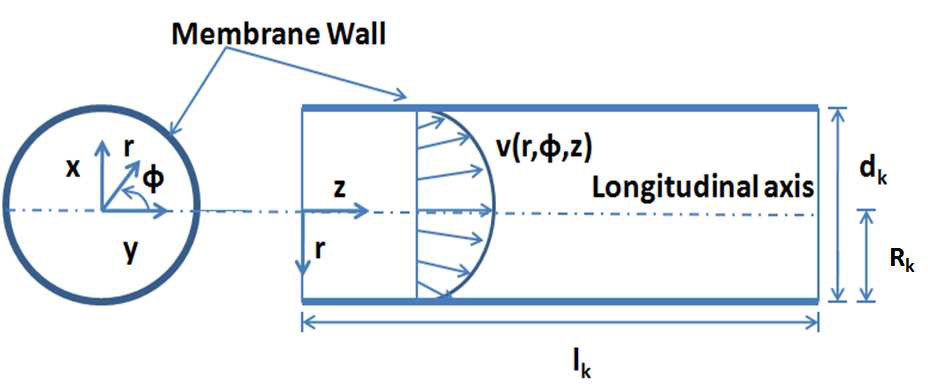 실린더형 중공사 막의 내부 흐름의 구성