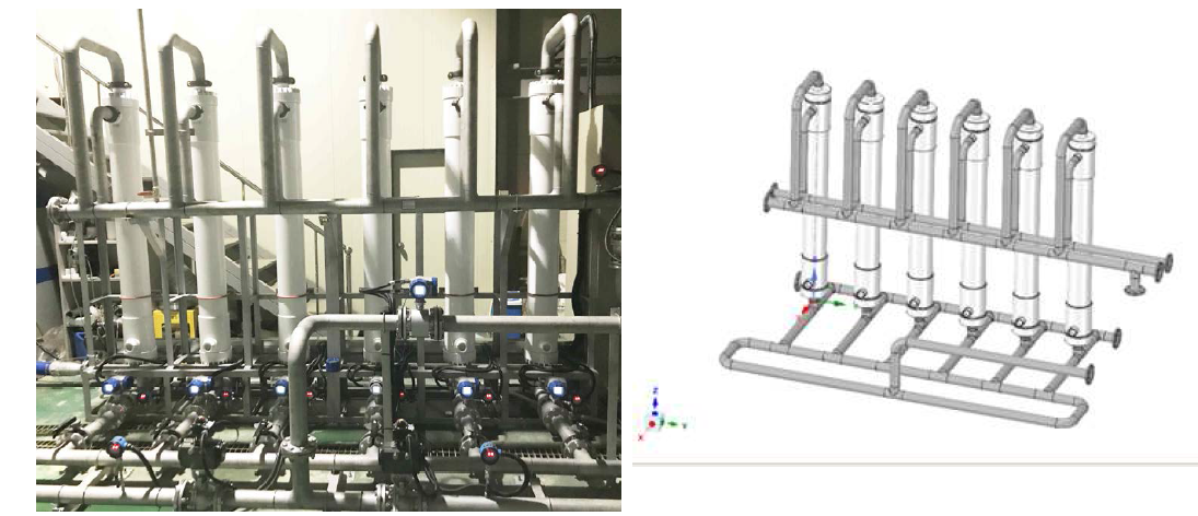1계열 유량균등분배 막여과 스마트 스키드 (좌: 현장 사진, 우: 시뮬레이션)
