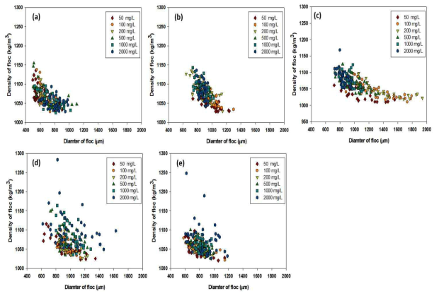 플록의 직경과 밀도 사이의 관계: (a) 25 ㎛, (b), 30 ㎛, (c) 60 ㎛, (d) 80 ㎛, (e) 120 ㎛
