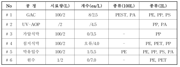 파일럿 플랜트 공정수별 미세플라스틱 분석 및 검출 결과