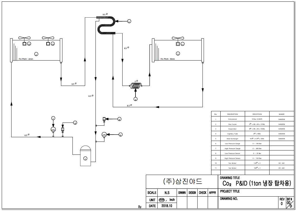 1톤 냉장탑차 CO2 냉장시스템 P&ID