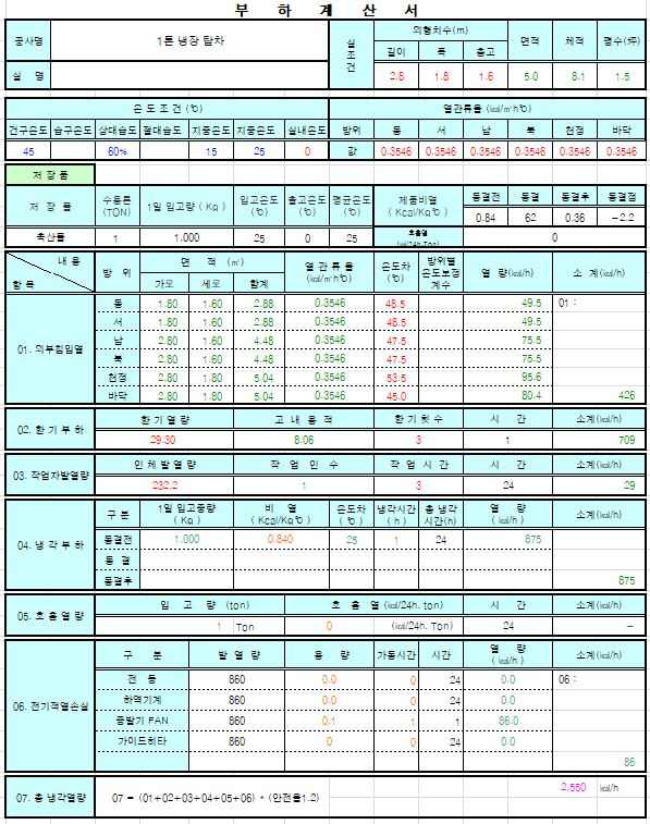 자연냉매(CO2 ) 1톤 냉장탑차 부하계산서