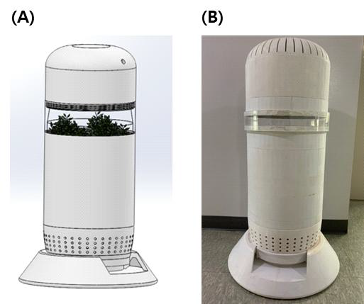 건국대 미세먼지(PM2.5) 저감 시제품 ((A): 모식도 (B): 실제 시제품)