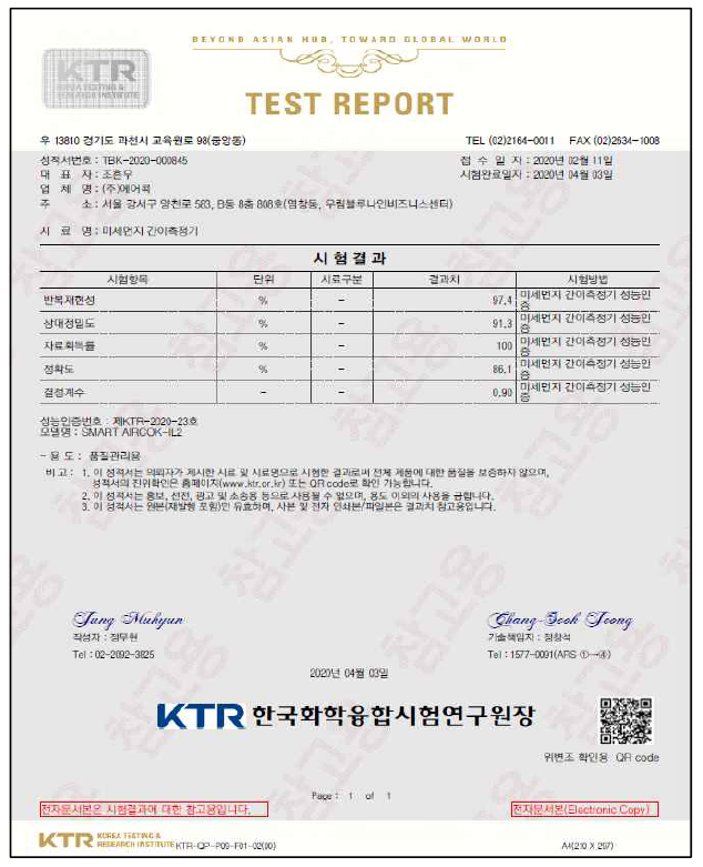 본 연구에서 사용된 IoT 기반 실내공기질 측정장비의 미세먼지 간이측정기 성능인증평가 결과