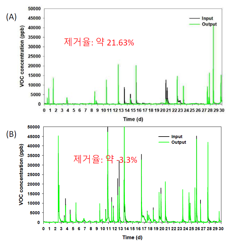 장기운용을 통한 최종 시제품의 VOCs 제거 성능 평가 결과 ((A): 팔손이, (B): 사철나무)