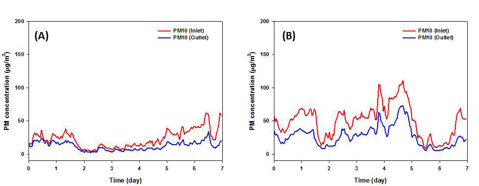 반응기 내 식물 (아이비) 양 증가에 따른 미세먼지(PM10) 제거 효과 확인 ((A):식물 추가 전, (B): 식물 50% 추가 후)
